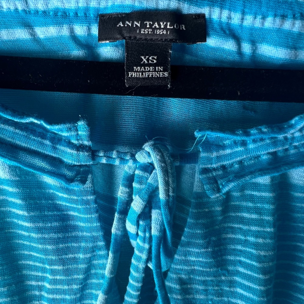 Ann Taylor Striped Blue Burnout Tie Neck Blouse Long Sleeve Top XS - Picture 3 of 5